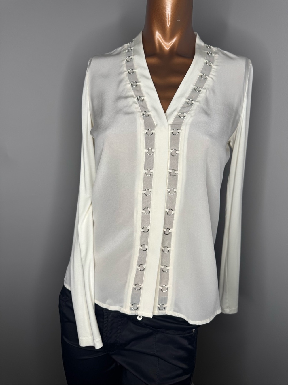 Ivory Long-Sleeve V-Neck Blouse with Decorative Ring Trim